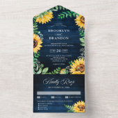 Invitation Tout En Un Tournesols rustiques Mariage bleu marine (À l'intérieur)