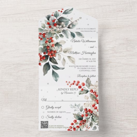 Invitation Tout En Un Tournoi d'hiver Holly et Snowflakes avec code QR (À l'intérieur)