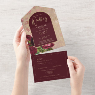 Invitation Tout En Un Tout-en-1 Rose Bourgogne Vintage RSVP + Mariage