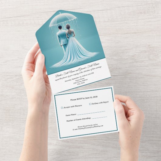 Invitation Tout En Un Tout en une invitation, mariage bleu RSVP (Déchirure)
