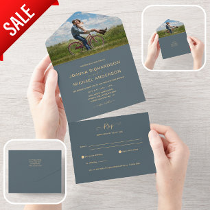 Invitation Tout En Un Tout inclus Dusty Blue photo mariage RSVP