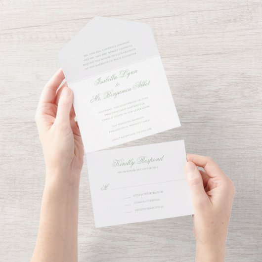 Invitation Tout En Un Traditionnel Sage Vert Formel Mariage élégant (Déchirure)