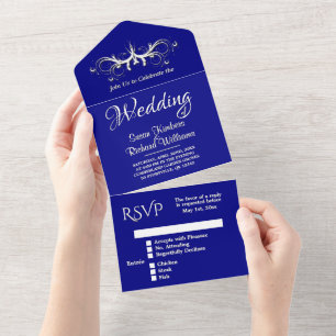 Invitation Tout En Un Tri bleu et blanc de la marine avec Mariage Rsvp