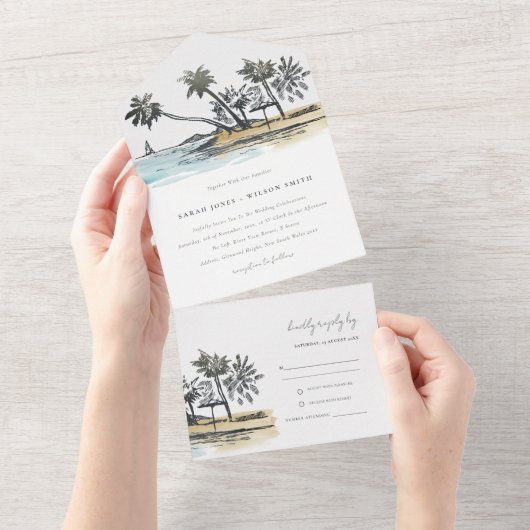 Invitation Tout En Un Tropical Beach Palm Tree Sketch Mariage d'aquarell (Déchirure)