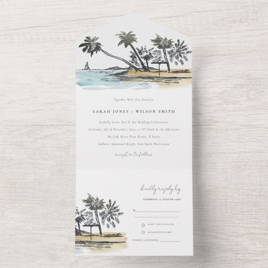 Invitation Tout En Un Tropical Beach Palm Tree Sketch Mariage d'aquarell (À l'intérieur)
