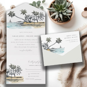 Invitation Tout En Un Tropical Beach Palm Tree Sketch Mariage d'aquarell