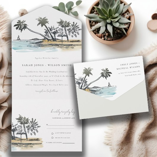 Invitation Tout En Un Tropical Beach Palm Tree Sketch Mariage d'aquarell