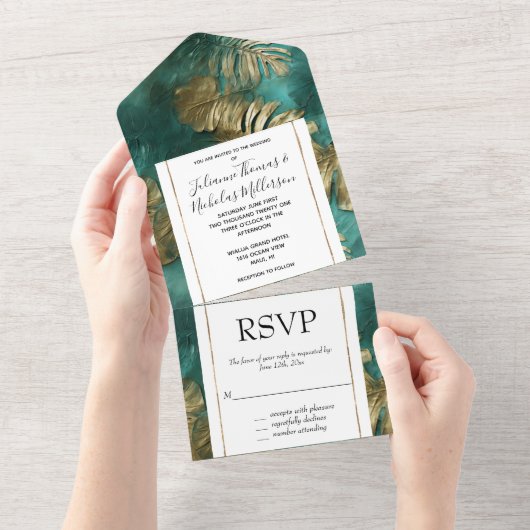 Invitation Tout En Un Tropical Gold Emerald Feuilles verts (Déchirure)