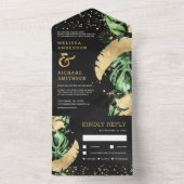 Invitation Tout En Un Tropical Green Gold Monstera Palm Mariage noir (À l'intérieur)