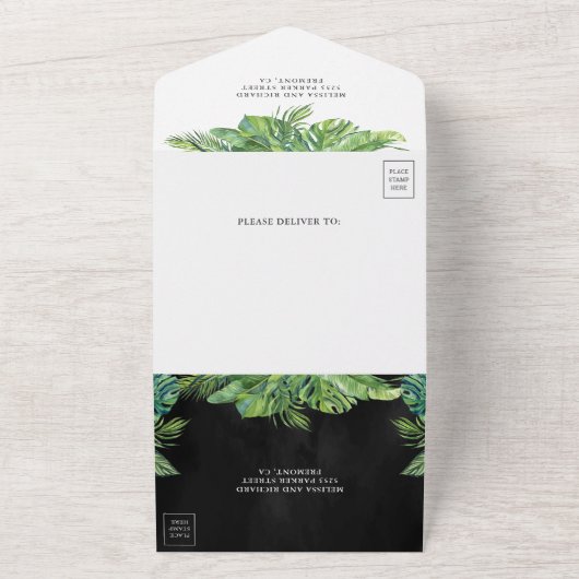 Invitation Tout En Un Tropical Monstera Palm Feuille Photo Black Mariage (Dehors)