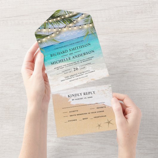 Invitation Tout En Un Tropical Palm Feuille Beach String Mariage (Déchirure)