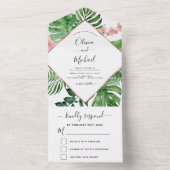 Invitation Tout En Un Tropical Palm Rose géométrique Mariage or (À l'intérieur)