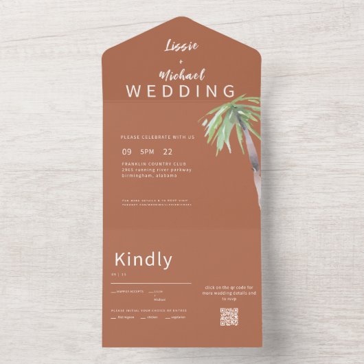 Invitation Tout En Un Tropical Palm Tree Terracotta QR Code Mariage (À l'intérieur)