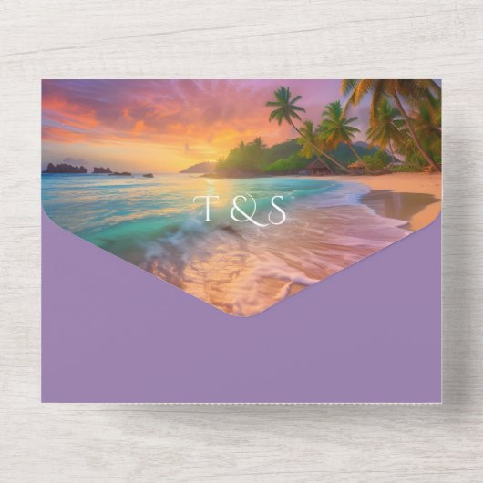 Invitation Tout En Un Tropical Sunset Beach QR Code Océan (Verso)