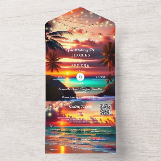 Invitation Tout En Un Tropical Sunset Beach QR Code Océan (À l'intérieur)