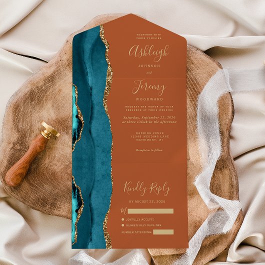 Invitation Tout En Un Turquoise Agate Gold Burning Orange Mariage