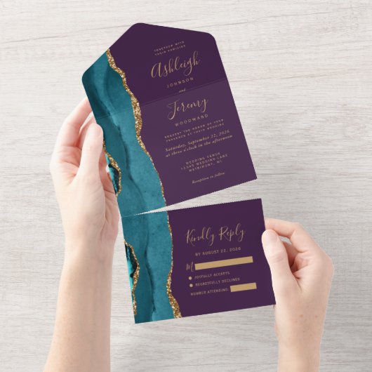 Invitation Tout En Un Turquoise Agate Gold Parties scintillant violet Ma (Déchirure)