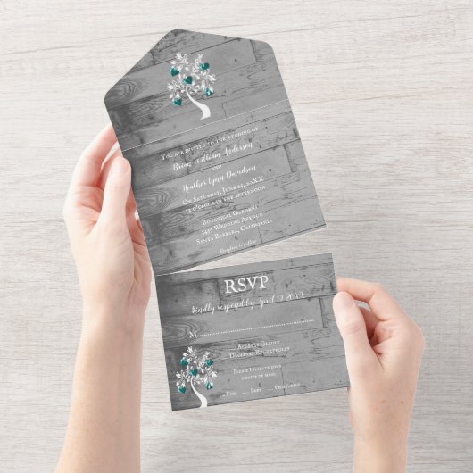 Invitation Tout En Un Turquoise arbre des coeurs en un mariage Invitatio (Déchirure)