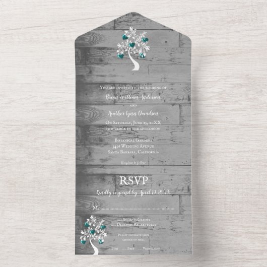 Invitation Tout En Un Turquoise arbre des coeurs en un mariage Invitatio (À l'intérieur)