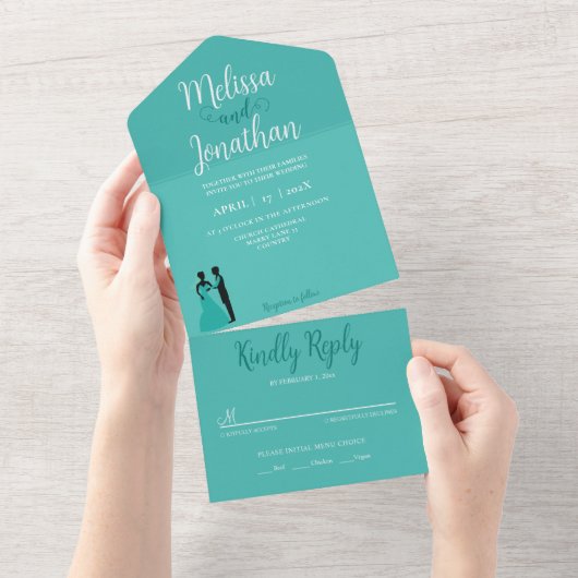 Invitation Tout En Un Turquoise Blanc Élégant Mariage Mariée et Salle (Déchirure)