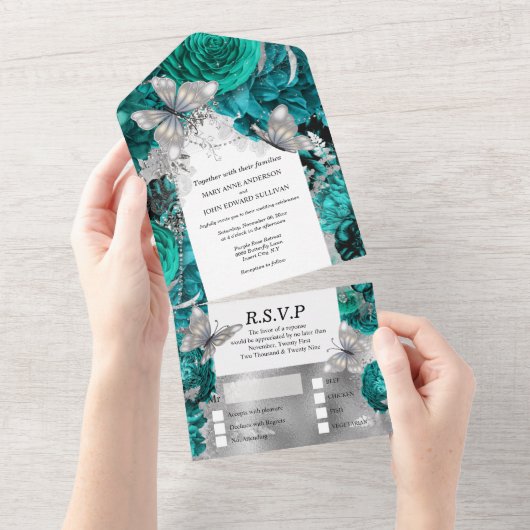Invitation Tout En Un Turquoise bleu papillon argent shimmer parties sci (Déchirure)