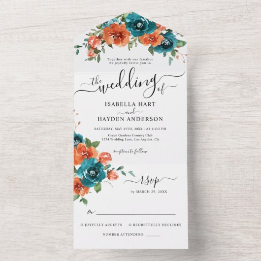Invitation Tout En Un Turquoise Burnt Orange Rust Fleurs Mariage rustiqu (À l'intérieur)
