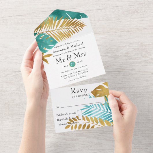 Invitation Tout En Un Turquoise et Gold Tropical Mariage All In One Invi (Déchirure)