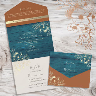 Invitation Tout En Un Turquoise et Mariage en terre cuite