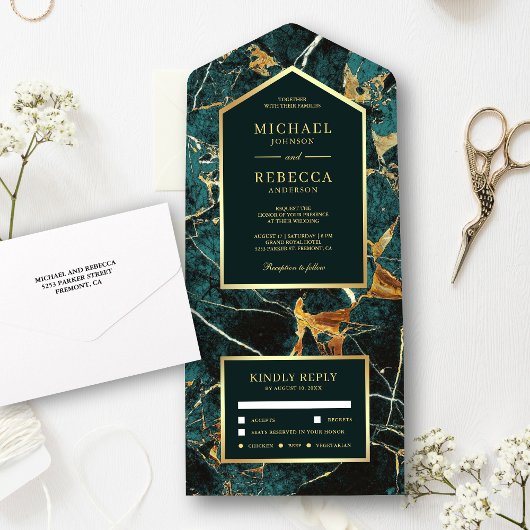 Invitation Tout En Un Turquoise Marble Faux Gold Foil Mariage
