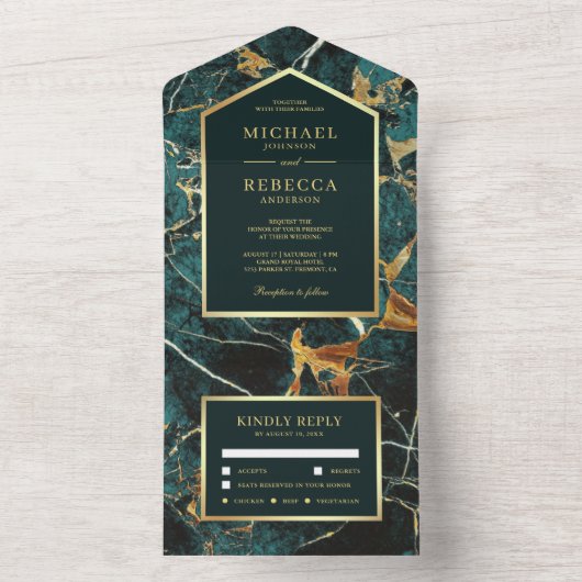 Invitation Tout En Un Turquoise Marble Faux Gold Foil Mariage (À l'intérieur)