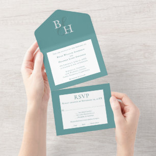 Invitation Tout En Un Turquoise minimaliste Mariage Monogramme