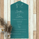Invitation Tout En Un Turquoise moderne Monogramme minimal Pas de dîner<br><div class="desc">DISPONIBLE AVEC OU SANS CODE QR À ANALYSER DANS LA ZONE RSVP OU AVEC OU SANS OPTIONS DE DÎNER. Ce design est simple mais élégant, avec les initiales du marié et de la mariée. L'arrière - plan a une apparence patinée et âgée. Ajoutez également un code QR customisé à votre...</div>