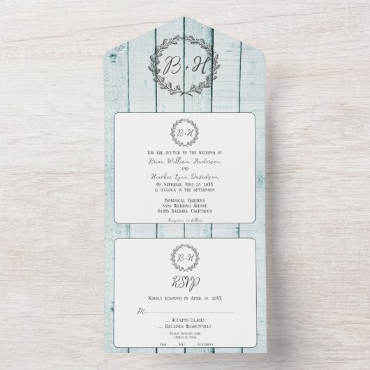 Invitation Tout En Un Turquoise Monogramme Rustique Mariage Tout en un (À l'intérieur)