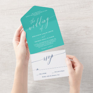 Invitation Tout En Un Turquoise Navy Blanc Mariage Calligraphie Délicate