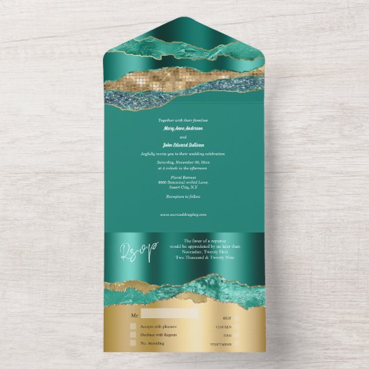 Invitation Tout En Un Turquoise or parties scintillant marbre agate mari (À l'intérieur)