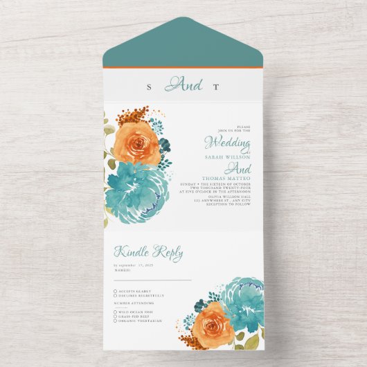 Invitation Tout En Un Turquoise Orange Fall Floral Terracotta Boho Maria (À l'intérieur)
