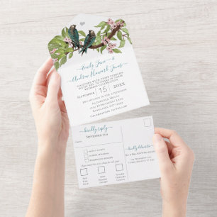 Invitation Tout En Un Turquoise Pink Lovebird Secret Forest Garden