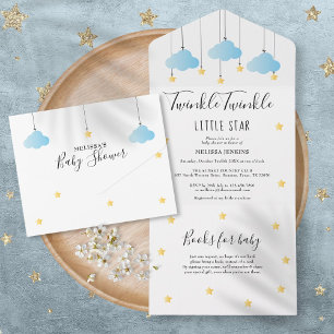 Invitation Tout En Un Twinkle Twinkle Blue Clouds Gold Stars Baby shower