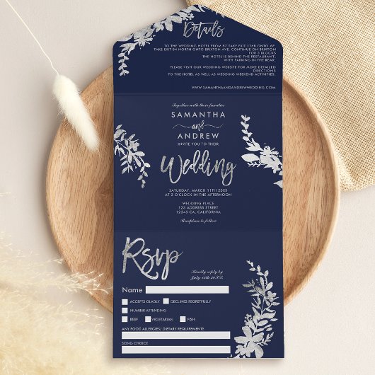 Invitation Tout En Un Typographie florale argent chic bleu marine mariag