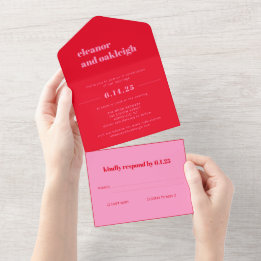 Invitation Tout En Un Typographie Gras Rose Clair et Rouge Mariage Moder