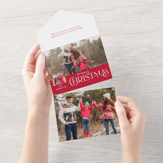 Invitation Tout En Un Typographie Joyeux Noël Rouge Multi-Photo (Déchirure)