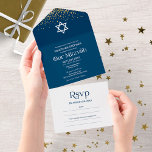 Invitation Tout En Un Typographie moderne bleu foncé Confetti Bar Mitzva<br><div class="desc">Une élégante invitation Mitzvah bar bleu foncé, facile à personnaliser avec vos détails. VEUILLEZ NOTER : Cette invitation est prête à envoyer sans enveloppe; inclure l'adresse de retour à l'arrière; si vous prévoyez de l'envoyer à l'aide d'une enveloppe, veuillez laisser en blanc les coordonnées de l'adresse de retour (à l'arrière)....</div>