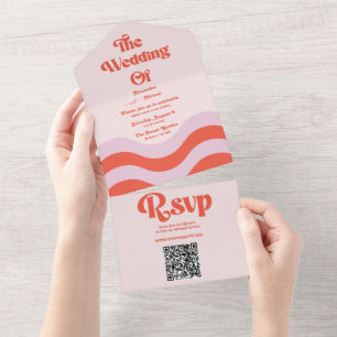 Invitation Tout En Un Typographie rose orange rétro Mariage de code QR