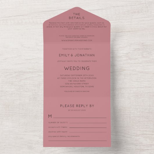 Invitation Tout En Un Typographie simple Dusty Rose Mariage (À l'intérieur)