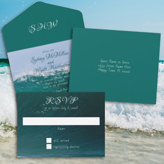 Invitation Tout En Un Vague d'Océan Vert de Mer de Mariage