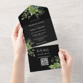Invitation Tout En Un Végétal Floral QR Code Mariage noir et blanc (Déchirure)