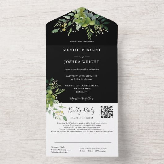 Invitation Tout En Un Végétal Floral QR Code Mariage noir et blanc (À l'intérieur)