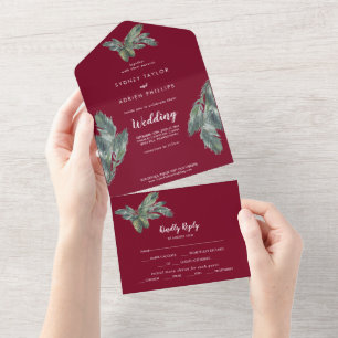 Invitation Tout En Un Végétation d'hiver Bourgogne Mariage