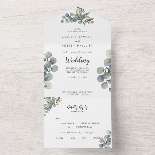 Invitation Tout En Un Végétation d'hiver Eucalyptus Mariage tout en un (À l'intérieur)