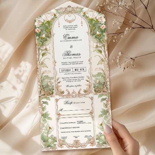 Invitation Tout En Un Végétation florale blanche Tout en un mariage Invi